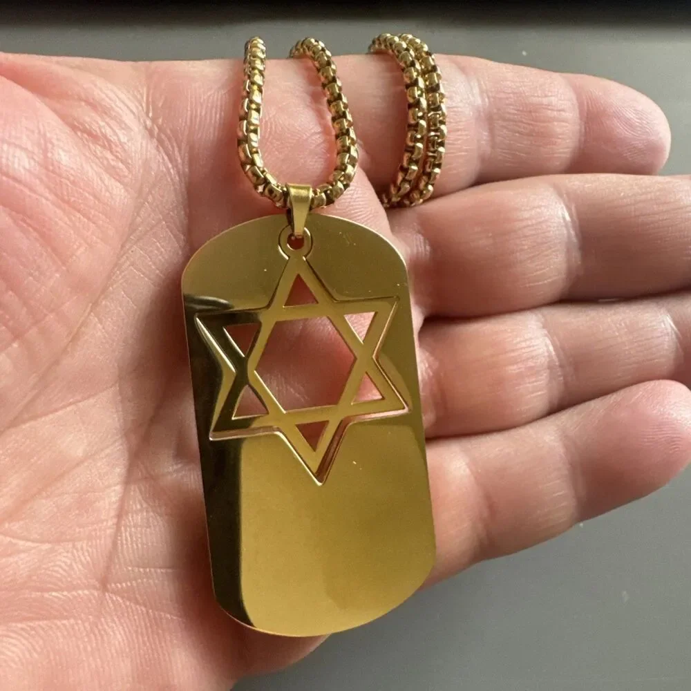 Star Of David Tag Pendant Necklace 24” Chain Jewish Heritage Israel Gold Tone
